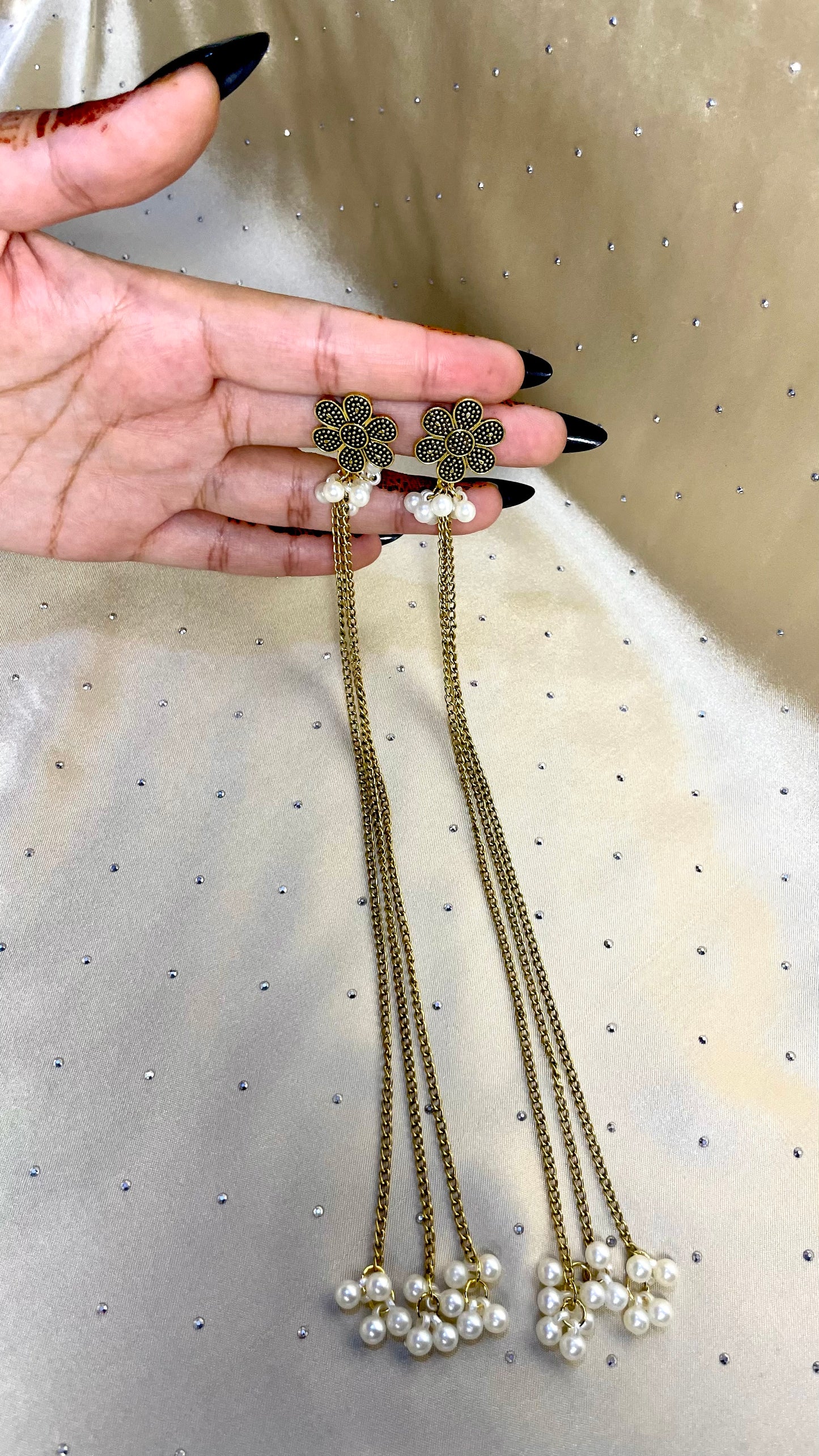 Flower Pearl Chain Drop Earrings