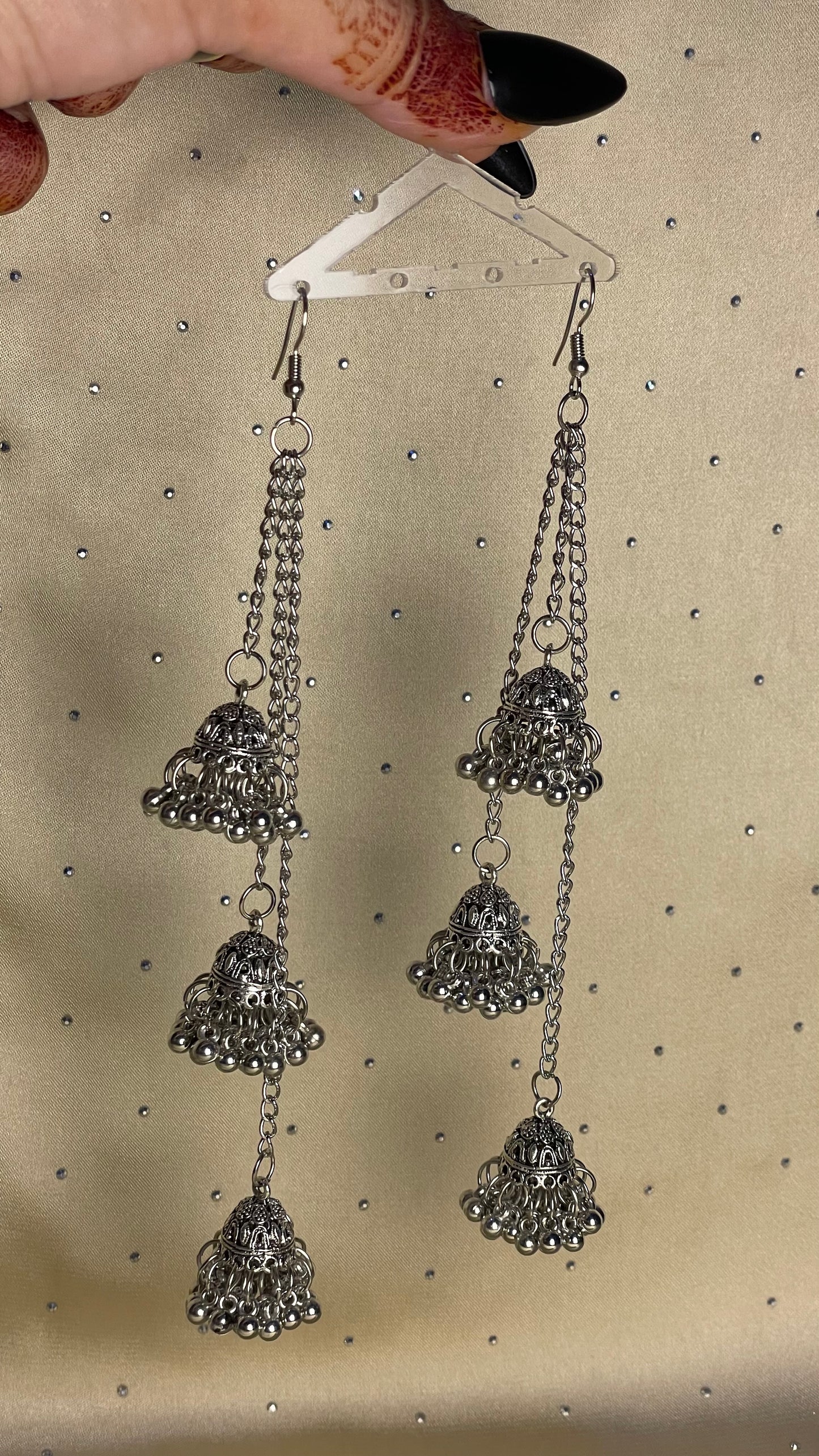 Silver Triple Jhumka Chain Earrings