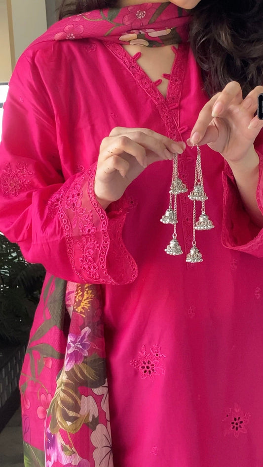 Silver Triple Jhumka Chain Earrings