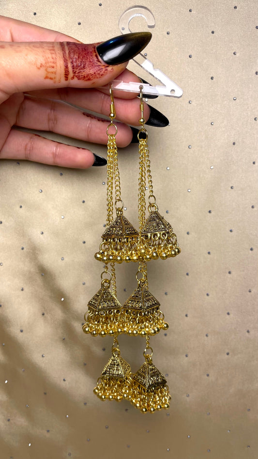 Gold Triple Pyramid Jhumka Earrings